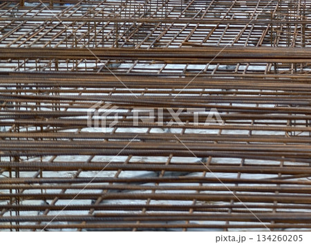 reinforcing steel arrangements arranged in rows for concrete foundation stability and aesthetic 134260205