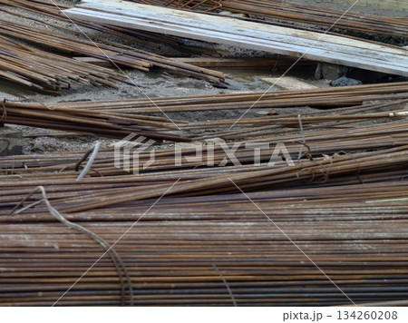 closeup view of aged steel reinforcement bundled and tied for building foundation application closeup view of aged steel reinforcement bundled and tied for building foundation application 134260208