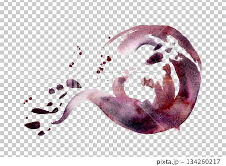 Flowing violet ink-like plume, wine or grape juice swirl spreading into drops. Isolated watercolor hand drawn illustration. Ideal for perfume design, mystical posters, or dreamy product branding. 134260217