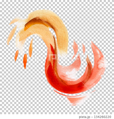 Fiery swirl of red and sienna with sweeping motion and translucent layering. Isolated hand drawn watercolor illustration. Ideal for expressive poster design, art prints, or dynamic branding accents. 134260220