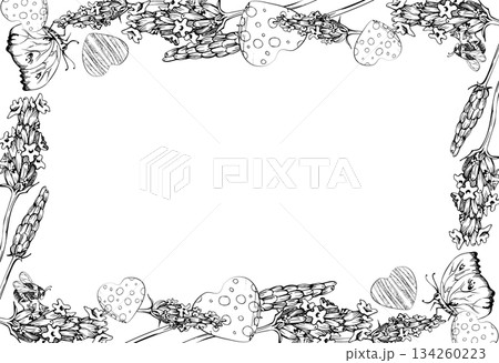 Lavandula lavender flowers with striped and dotted hearts, flying butterfly insect. Isolated border frame illustration hand drawn in vector ink. Home decor, plant pot cover, gardening accessories Lavandula lavender flowers with striped and dotted hearts, flying butterfly insect. Isolated border frame illustration hand drawn in vector ink. Home decor, plant pot cover, gardening accessories 134260223