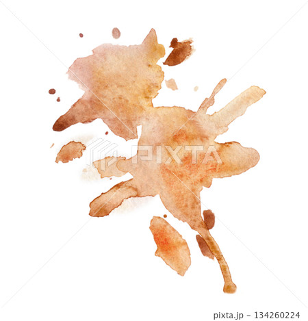 Soft asymmetrical orange splashes with free-form drips, coffee or tea stain. Isolated hand drawn watercolor abstract illustration. Menu backgrounds, modern artistic stationery, warm minimalist decor. Soft asymmetrical orange splashes with free-form drips, coffee or tea stain. Isolated hand drawn watercolor abstract illustration. Menu backgrounds, modern artistic stationery, warm minimalist decor. 134260224