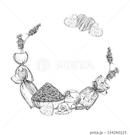Lavender seeds in clay bowl and flowers, spa bath bomb, heart shapes and sachet bags. Isolated wreath frame illustration hand drawn in vector ink. Fragrant garden product, aromatherapy wellness gifts 134260225