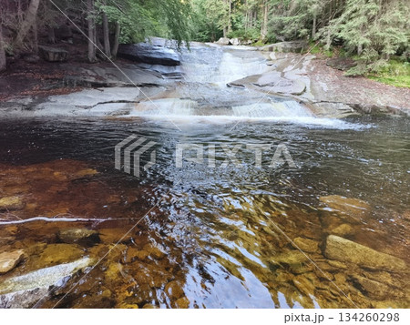 serene natural scene, peaceful mosslined waterhole in forest with shimmering stones and serene atmosphere serene natural scene, peaceful mosslined waterhole in forest with shimmering stones and serene atmosphere 134260298