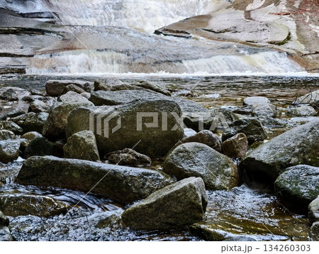 flowing stream among mosscovered stones, gentle water course weaving past mossy rock formations 134260303