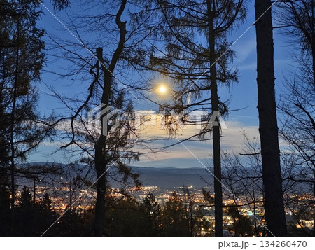 night sky scenery, urban lights under starlit sky, evening view of city from forested hill 134260470