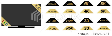 Black or gold labels with display tv resolution and simple tv mockup Black or gold labels with display tv resolution and simple tv mockup 134260781