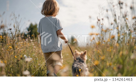 Child walks through a colorful meadow with a small terrier on a leash, enjoying the beauty of wildflowers and warm golden light, a joyful exploration Child walks through a colorful meadow with a small terrier on a leash, enjoying the beauty of wildflowers and warm golden light, a joyful exploration 134261463