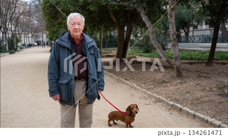 Documentary photo of an elderly man walking through a park with his dachshund on a red leash, enveloped in a calm atmosphere and warm daylight 134261471