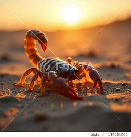 AI generated Detailed closeup of scorpion illuminated by setting sun in sandy environment 134261963