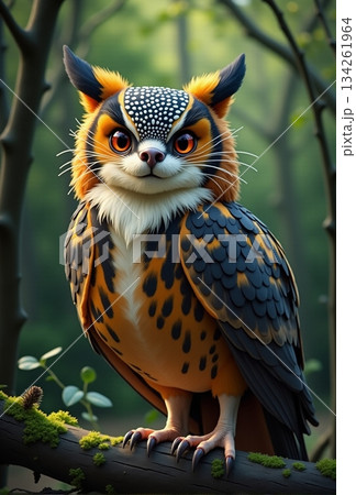 AI generated Silent forest sentinel with shining eyes resting on lush mosscovered branch 134261964