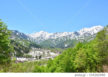 早春新緑の新潟県魚沼市奥只見銀山平温泉白銀の湯・残雪の荒沢岳山並み風景 134262090