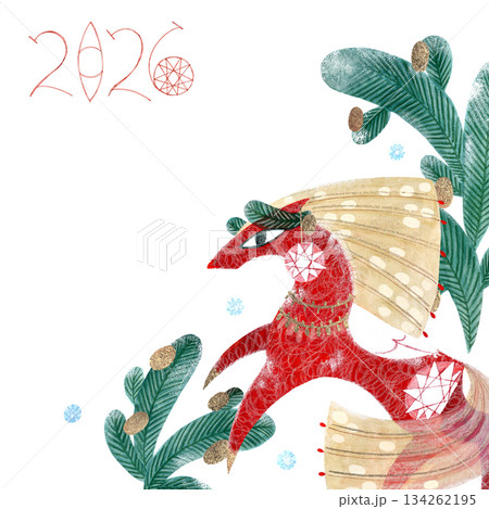 A New Year's illustration featuring a red horse and branches on a white background. Hand-drawn with paints and pencils. Suitable for use on postcards and calendars. 134262195