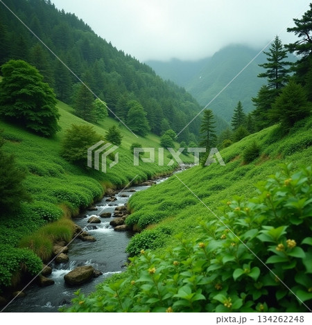 AI generated Picturesque peaceful landscape showcasing lush trees and colorful blooming 134262248