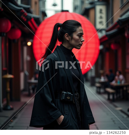 AI generated Portrait showcasing woman in kimono within softly illuminated alley AI generated Portrait showcasing woman in kimono within softly illuminated alley 134262250