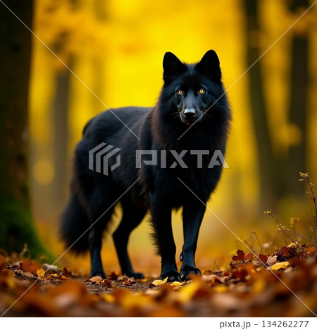 AI generated Black wolf watches sunlit autumn glade, soft rim light, steady attentive 134262277