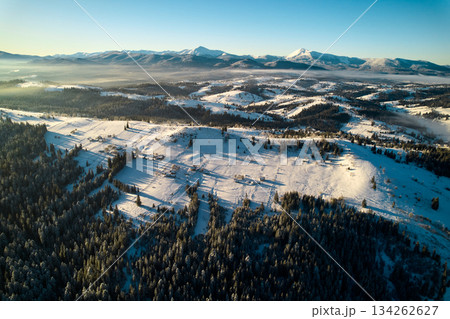 Aerial view reveals stunning winter landscape with snow-covered hills and dense forests. Houses nestled among trees, while background features majestic range of mountains under clear blue sky. 134262627