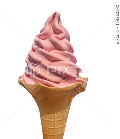 Pink soft Ice Cream Swirl in waffle cone isolated on white background. Tasty raspberry or strawberry ice cream in waffle cone. Pink soft Ice Cream Swirl in waffle cone isolated on white background. Tasty raspberry or strawberry ice cream in waffle cone. 134262942