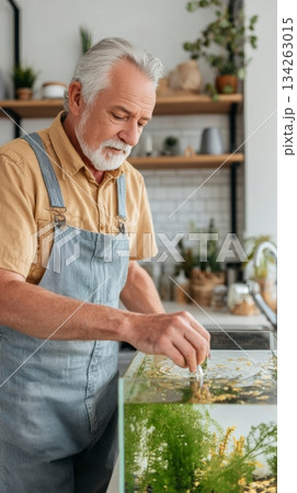 Elderly man caring for aquarium by adding fish food, surrounded by greenery and warm interior, showcasing daily routine and companionship with pets 134263015