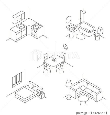 Set of five minimalist linear interior room illustrations including kitchen, bedroom, bathroom, living room and dining room. 134263451
