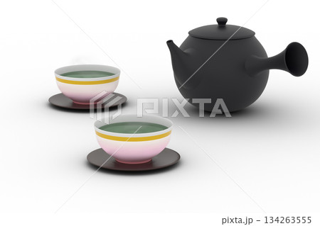 湯気の立つ湯のみと急須｜和風3Dイラスト素材（透過） 134263555