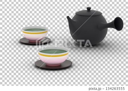 湯気の立つ湯のみと急須｜和風3Dイラスト素材（透過） 134263555