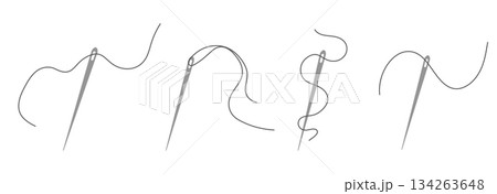 Elegant needle with thread. Needle symbol and curved thread, tailor and shoemaker needlework tool, sewing element. Small tattoo, print for clothes 134263648