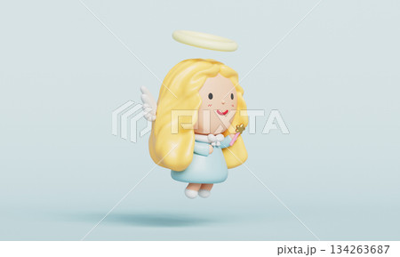 Cute Angel Character with Wings and a Magic Wand. 3D Rendering Cute Angel Character with Wings and a Magic Wand. 3D Rendering 134263687