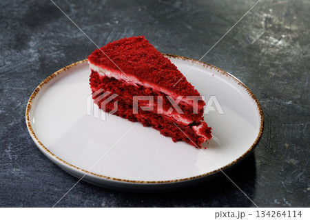 Red Velvet Cake Slice on White Plate With Creamy Frosting Red Velvet Cake Slice on White Plate With Creamy Frosting 134264114