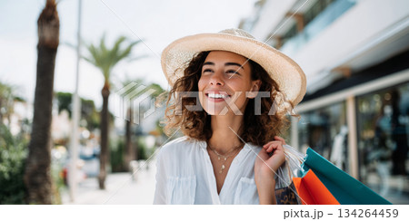 Woman smiling joyfully under a sun hat while carrying colorful shopping bags along a vibrant coastal promenade with palm trees and shops 134264459