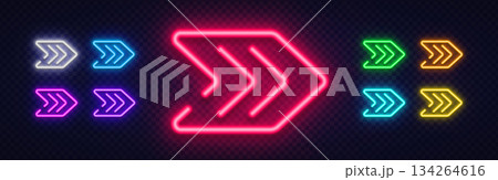 A bold neon arrow made of layered glowing lines in vivid pink tones. The sharp geometry creates a strong sense of motion and visual emphasis. A bold neon arrow made of layered glowing lines in vivid pink tones. The sharp geometry creates a strong sense of motion and visual emphasis. 134264616