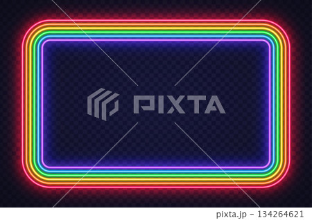 A colorful neon rectangular frame with rounded corners glowing on a dark transparent background. The bright layered lines create a bold modern border for banners or posters. A colorful neon rectangular frame with rounded corners glowing on a dark transparent background. The bright layered lines create a bold modern border for banners or posters. 134264621