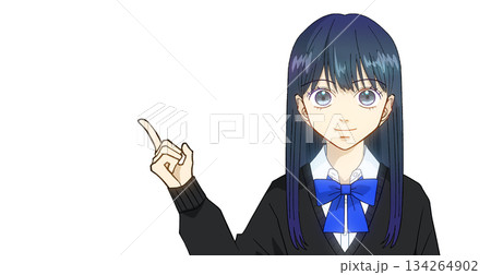 説明、案内、紹介をしている高校生または中学生の女の子のアニメ風イラスト、白バック 134264902