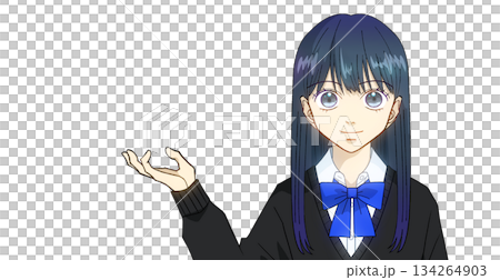 Anime-style illustration of a high school or junior high school girl explaining, guiding, or introducing, white background 134264903