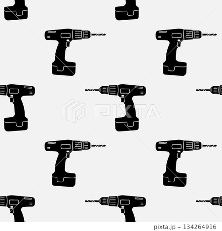 Black and white cordless drill silhouettes in flat style for workshop decor textile and gift wrap. 134264916