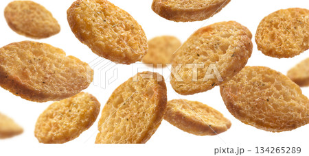 Bread croutons levitate on a white background Bread croutons levitate on a white background 134265289
