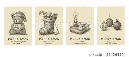 ペン画のクリスマスカード4点セット（くま・靴下・ろうそく・飾り）、 134265394