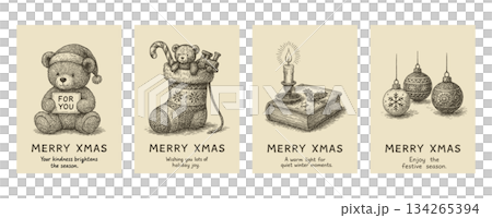 ペン画のクリスマスカード4点セット（くま・靴下・ろうそく・飾り）、 134265394