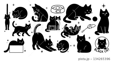 黒猫のいろいろな仕草 シルエットイラストセット、 134265396