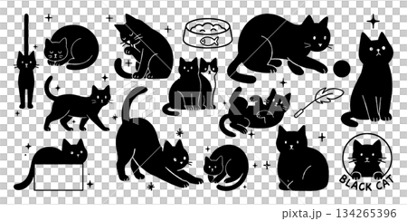 黒猫のいろいろな仕草 シルエットイラストセット、 134265396