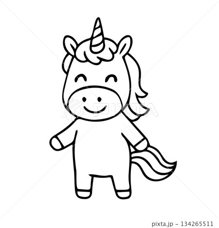 Black and white vector illustration of a cute smiling unicorn. Simple and charming design perfect for coloring books, children's materials, and projects. Black and white vector illustration of a cute smiling unicorn. Simple and charming design perfect for coloring books, children's materials, and projects. 134265511