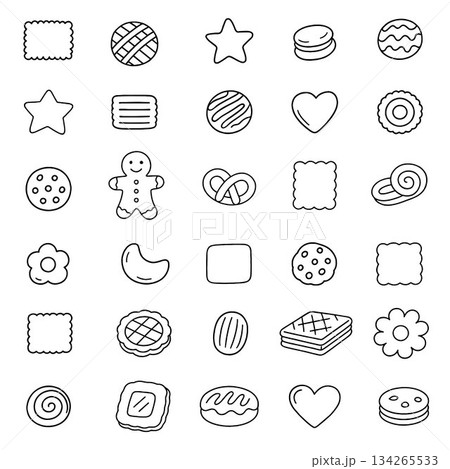Vector illustration of cookies in different shapes in doodle style. Design includes stars, hearts, swirls and more, perfect for baking themes, templates and cooking projects Vector illustration of cookies in different shapes in doodle style. Design includes stars, hearts, swirls and more, perfect for baking themes, templates and cooking projects 134265533
