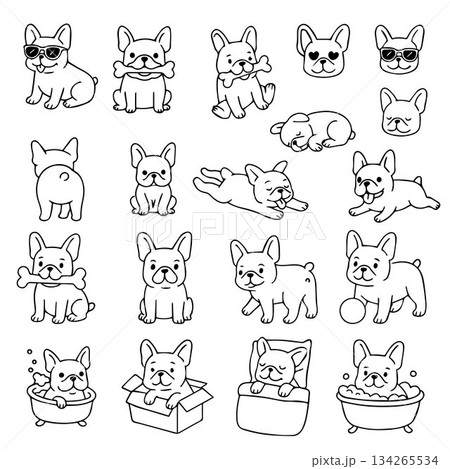 Adorable vector illustration of playful French Bulldogs doing different activities. The dogs are depicted in boxes, wearing sunglasses and taking a bath. Perfect for design projects. Adorable vector illustration of playful French Bulldogs doing different activities. The dogs are depicted in boxes, wearing sunglasses and taking a bath. Perfect for design projects. 134265534