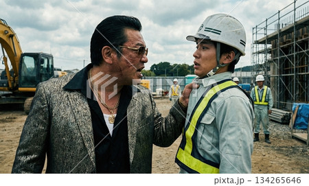 工事現場で作業員の若者に因縁をつけて怒鳴るヤクザ 工事現場で作業員の若者に因縁をつけて怒鳴るヤクザ 134265646