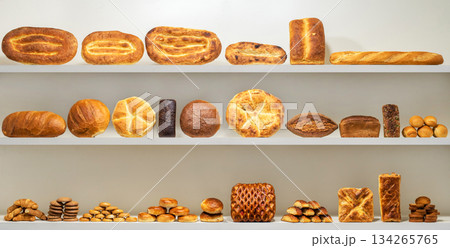 Yerevan Armenia 12.5.2025. A shelf full of different types of bread and pastries Yerevan Armenia 12.5.2025. A shelf full of different types of bread and pastries 134265765