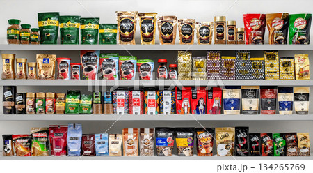 Yerevan Armenia 12.5.2025. A shelf full of coffee products including bags, packets, and jars 134265769