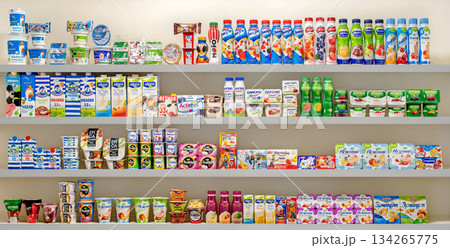 Yerevan Armenia 12.5.2025. A shelf full of various types of milk and juice Yerevan Armenia 12.5.2025. A shelf full of various types of milk and juice 134265775