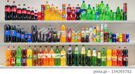 Yerevan Armenia 12.5.2025. A shelf full of soda bottles and juice bottles Yerevan Armenia 12.5.2025. A shelf full of soda bottles and juice bottles 134265782