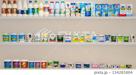 Yerevan Armenia 12.5.2025. A shelf full of different types of milk and cream 134265804