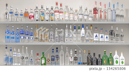 Yerevan Armenia 12.5.2025. A shelf full of vodkabottles, including vodka, gin, and tequila 134265806